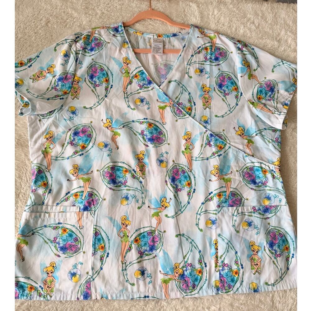 Disney Tinker Bell Floral Scrub Top 2X Blue Mock Wrap Nurse Fairycore